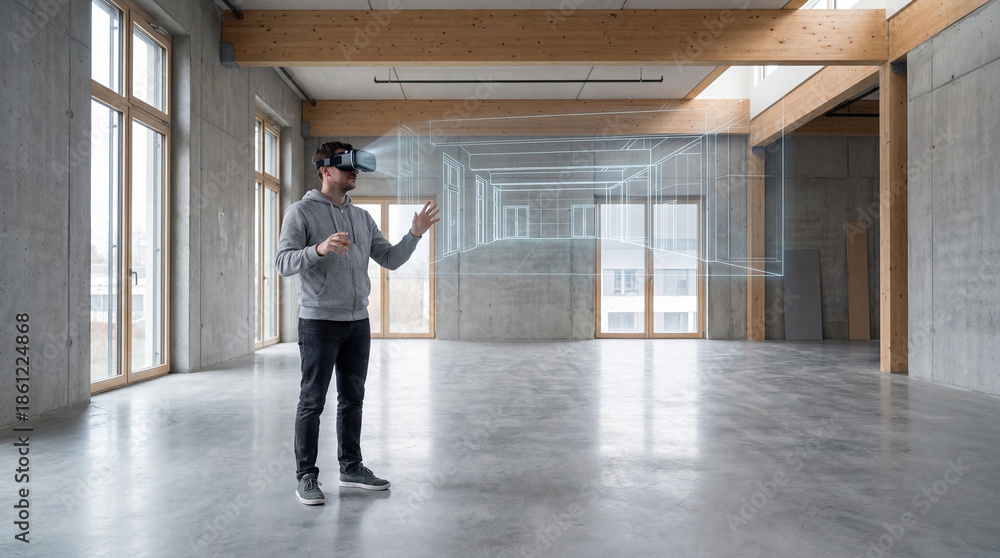 Fototapeta premium A person wearing a virtual reality headset interacts with a wireframe model of a building inside an empty, modern, and spacious room with large windows.