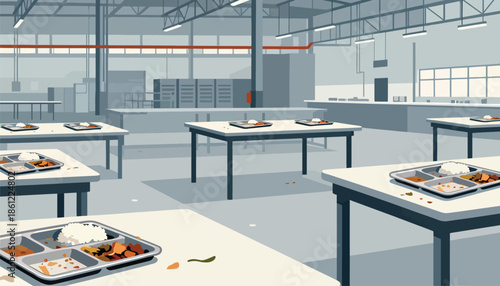 Industrial cafeteria with trays of food on tables, suggesting a communal meal setting