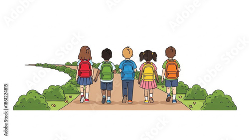 Joyful illustration of five diverse elementary school children walking away on a leafy path with colorful backpacks.