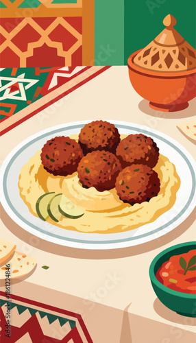 Savory falafel and hummus served with pita and a fresh dip