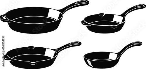 Set of Cast Iron Skillet Pan Icons, Kitchen Cookware Collection for Cooking Design, Black Silhouette CAD Drawing Flat Vector Illustration