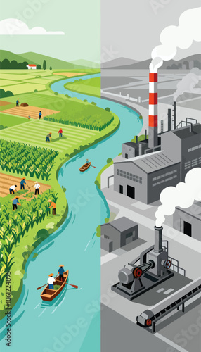 Rural tranquility contrasts with industrial pollution beside a flowing river