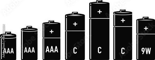 Collection of various battery sizes including AAA and C types with plus symbols cad drawing flat vector illustration for electronics
