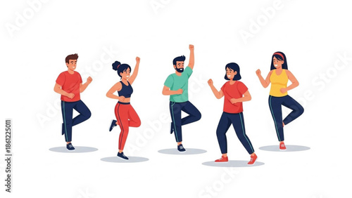 Energetic illustration of five diverse and happy adults actively exercising or dancing, promoting fitness and joy.