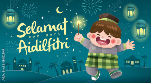 Hari Raya Aidilfitri greeting card with a happy Muslim boy playing firecracker.

