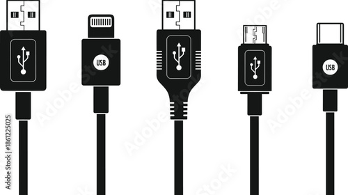 Collection of various USB connector types including Type A Type C and Lightning cable cad drawing flat vector illustration set