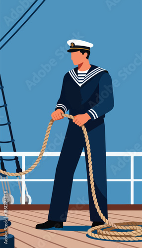 Sailor on deck pulling thick rope on a wooden ship under blue sky