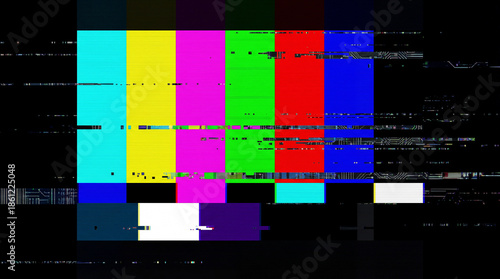 A television test pattern is riddled with static and digital errors, creating a glitch effect. It is reminiscent of a broken television set.