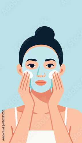 Woman applying a facial mask with cotton pads