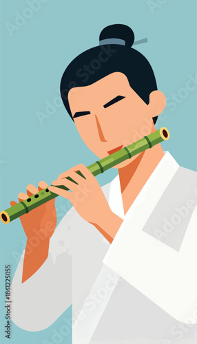 Person in white garment plays bamboo flute on soft blue background