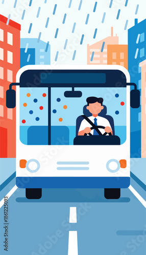 Driver at wheel of bus on rainy day in city with buildings