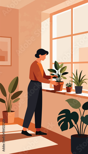 Person tending to potted plants indoors near a window
