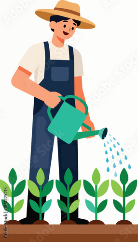 A farmer in overalls and a straw hat waters young plants in a garden