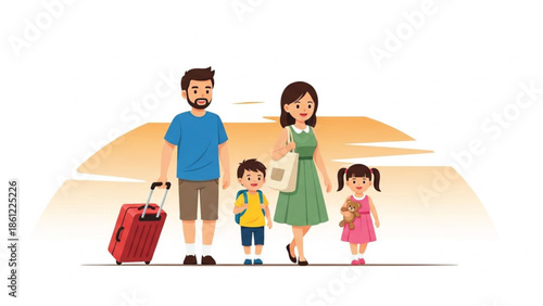 Cheerful illustration of a family with two children and luggage walking together, symbolizing vacation, travel, and adventure.