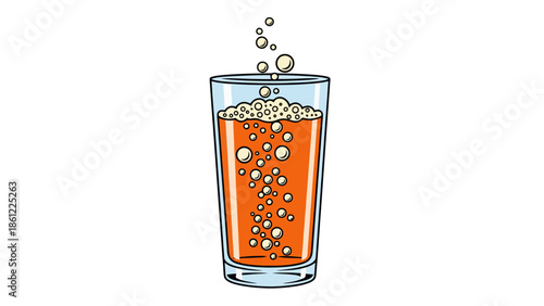 Orange bubbly beverage in a tall clear glass with foam and rising bubbles, refreshing drink illustration