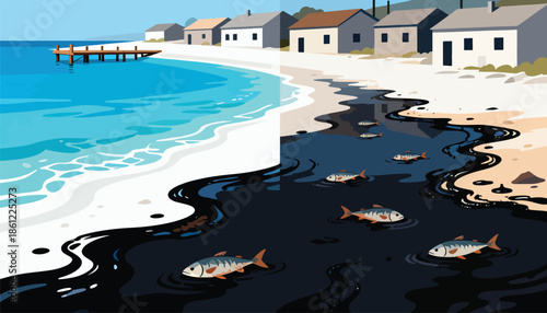 Pristine beach contrasts with oil spill, dead fish floating on polluted dark water