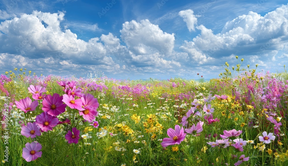 Obraz premium Lush wildflower meadow bathed in sunlight, vibrant blossoms beneath a bright blue sky