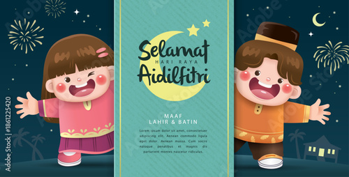 Hari Raya Aidilfitri greeting card with cute Muslim boy and girl. Malay translation: Happy Hari Raya and May you forgive us.

