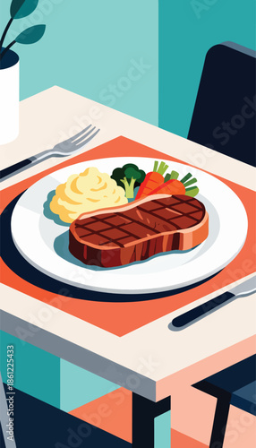 Juicy grilled steak with mashed potatoes, broccoli, and carrots on a plate