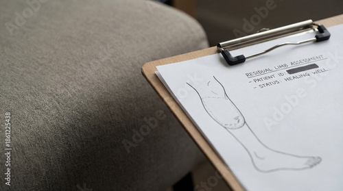 A clinical chart details a residual limb assessment, indicating positive healing progress with a sketch of a leg on a clipboard next to an upholstered sofa.