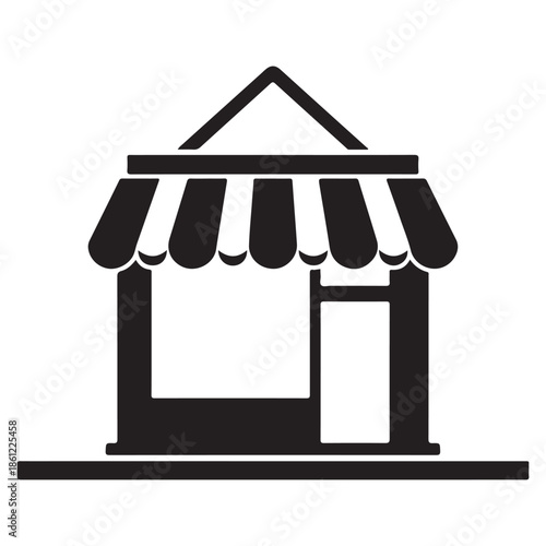  Simple black icon of a traditional storefront with an awning and a large display window