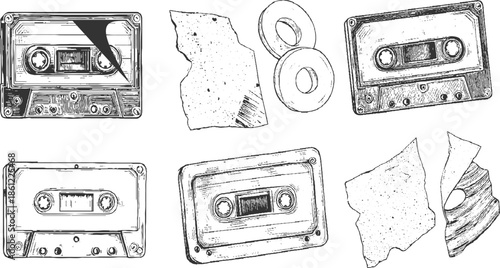 Collection of vintage cassette tapes and torn paper fragments in a hand-drawn style audio music