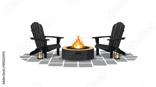 Chic illustration of a modern fire pit on a paved patio, flanked by two black Adirondack chairs and ambient lanterns.