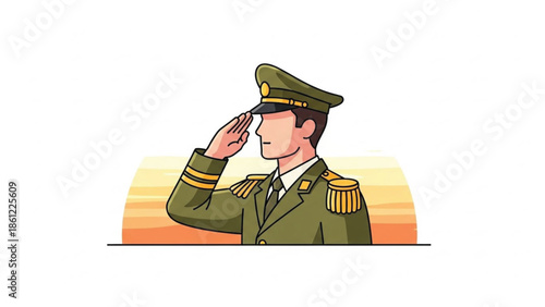 Respectful illustration of a male military officer in a green uniform and cap giving a salute against a warm background.