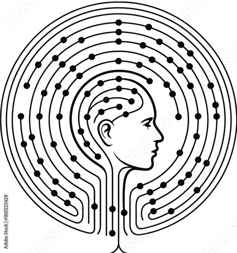 modern minimalist line art head, neural network concept, technology design in black and white, circular profile lines and dots, vector graphics for Ai, digital innovation, machine learning.