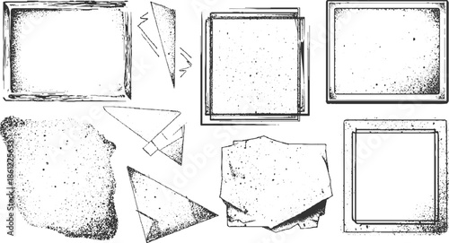 Black ink grunge frames and geometric shapes on white background border