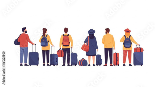 Diverse illustration of a group of people with various luggage, viewed from the back, ready for international travel.