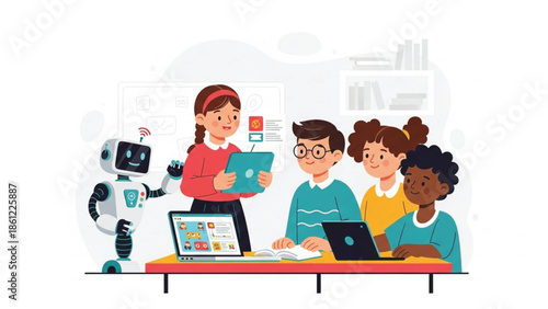 Innovative illustration of diverse children learning coding and robotics with a teacher and a friendly robot in a classroom.
