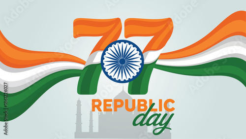 77th Indian Republic Day celebration design with flowing tricolor waves number typography and ashoka chakra for national pride greeting banner poster vector illustration