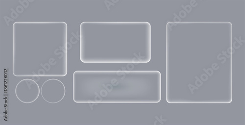 Collection of frosted glass geometric shapes featuring rounded corners and subtle white illumination providing a minimalist ui element design.