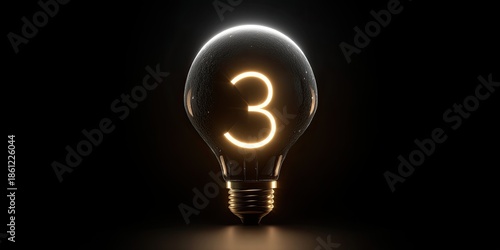 A glowing, stylized light bulb with a numeral three emitting light in dark background