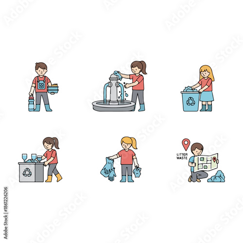 Cartoon People Recycling and Sorting Waste.