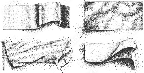 Four black and white stippled abstract shapes with torn edges and scattered dots