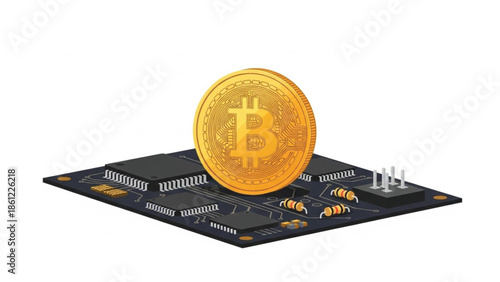 Futuristic illustration of a golden Bitcoin coin resting on a complex circuit board, symbolizing cryptocurrency and digital finance.