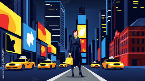 A vector illustration of a woman in a cityscape with taxis, symbolizing urban life and business