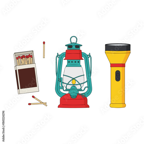 Lantern Flashlight Matches Box Illustration Set.