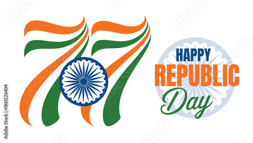 77th Indian Republic Day celebration typography with tricolor ribbon number and ashoka chakra emblem for national pride greeting poster and patriotic vector illustration