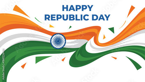 Happy Republic Day abstract background with flowing indian tricolor waves and ashoka chakra for national celebration patriotic banner poster vector illustration
