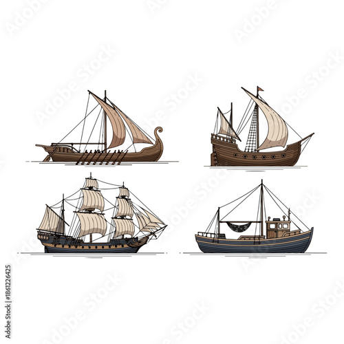 Collection of Four Historical Sailing Ships and Boats.