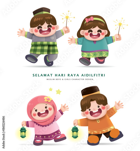 Collection of cute cartoon Muslim boys and girls character design for Hari Raya Aidilfitri

