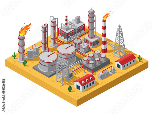 Isometric vector illustration of an oil refinery plant, petroleum production facility, and drilling rig, depicting industrial processes and energy extraction in a stylized landscape