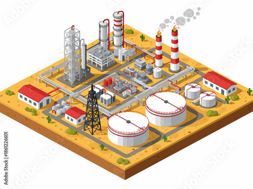 Isometric industrial complex vector illustration showing oil refinery and storage tanks in an arid landscape with smoke stacks emitting steam