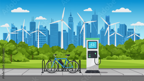 Sustainable urban vector illustration featuring a bicycle charging station with wind turbines and city skyline