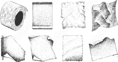 Collection of hand drawn paper textures and roll of paper in vintage style torn crumpled