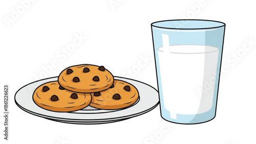 Classic illustration of a refreshing glass of milk alongside a plate of delicious chocolate chip cookies, symbolizing comfort.