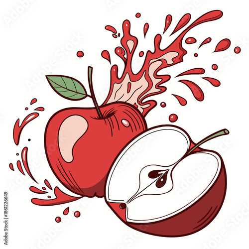 Juicy red apple splashing juice with sliced companion on white background